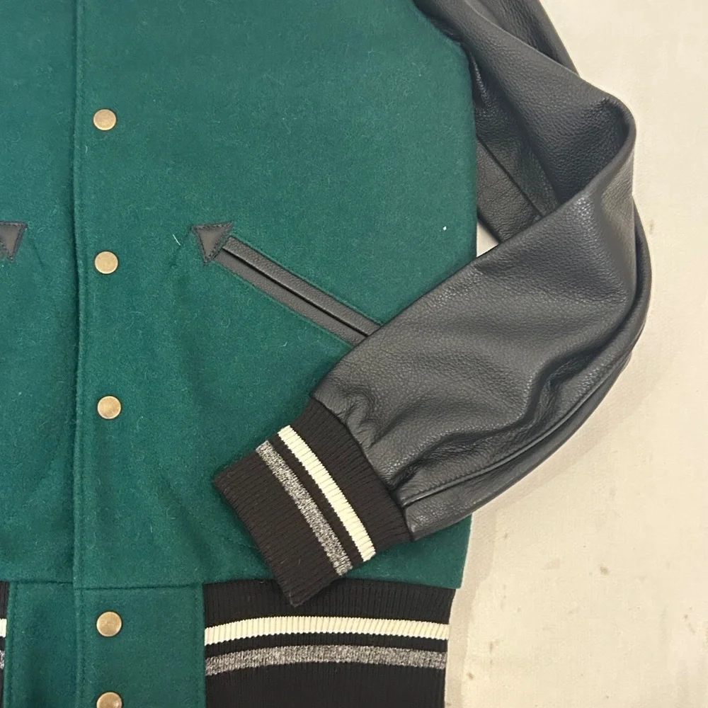 Roots Green Varsity‎ Jacket Sz S Wool Varsity Monogram Sleeve Logo Jacket